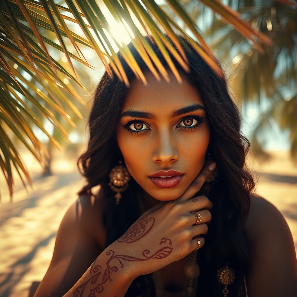 AI generated art for prompt: Craft a photorealistic portrait of an enigmatic South Asian woman with captivating amber eyes and lo