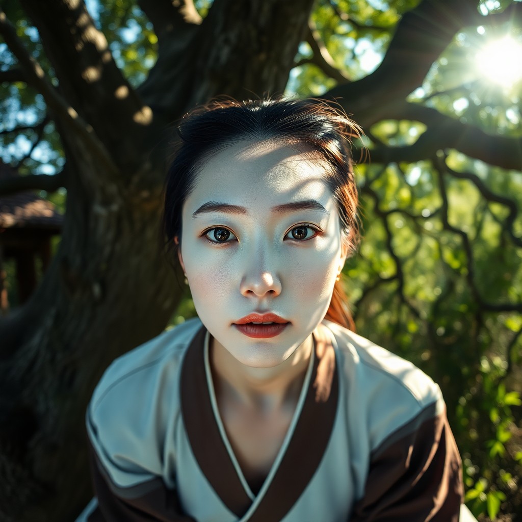 AI generated art for prompt: Craft a hyperrealistic portrait of an enigmatic East Asian woman with porcelain skin and piercing bl