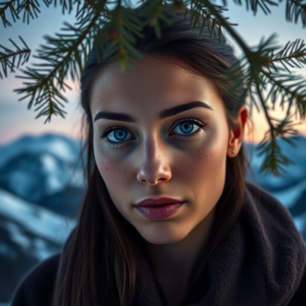 AI generated art for prompt: A DSLR-captured portrait showcases an enigmatic Hispanic woman with piercing blue eyes against snow-