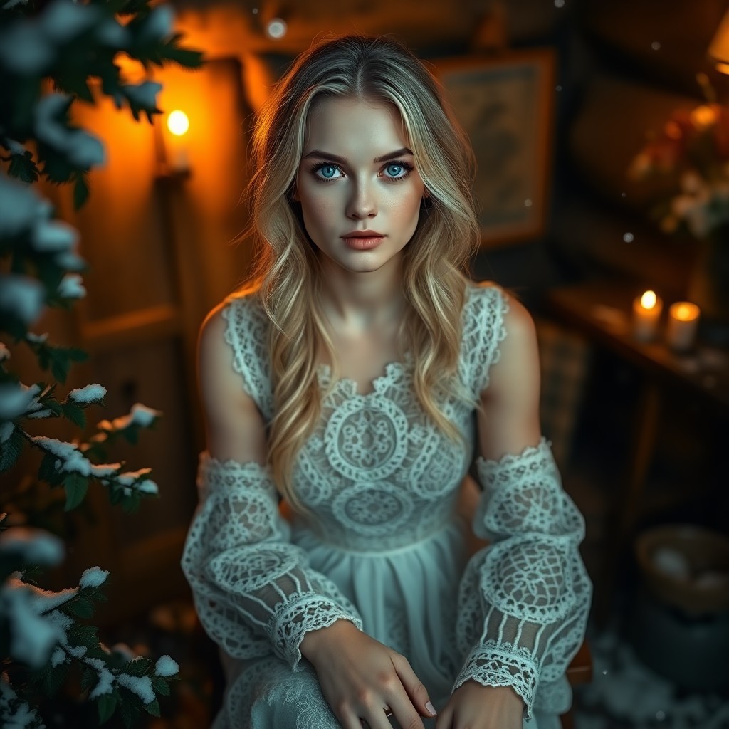 AI generated art for prompt: A photorealistic portrait depicts a Slavic woman with serene blue eyes and golden-blonde hair, illum