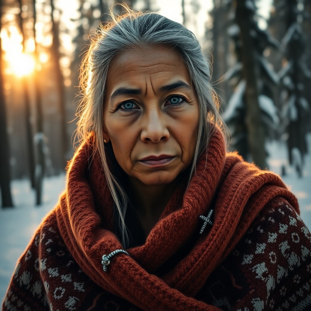 AI generated art for prompt: Gaze upon a wise Pacific Islander woman with striking ice-blue eyes and silver-streaked hair, envelo