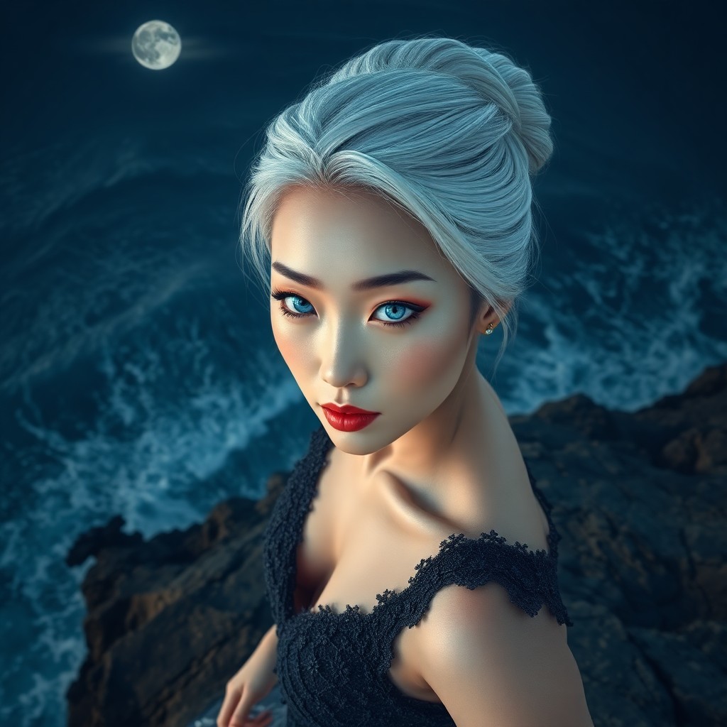 AI generated art for prompt: Render an enigmatic East Asian woman with captivating ice-blue eyes and platinum hair, elegantly sty