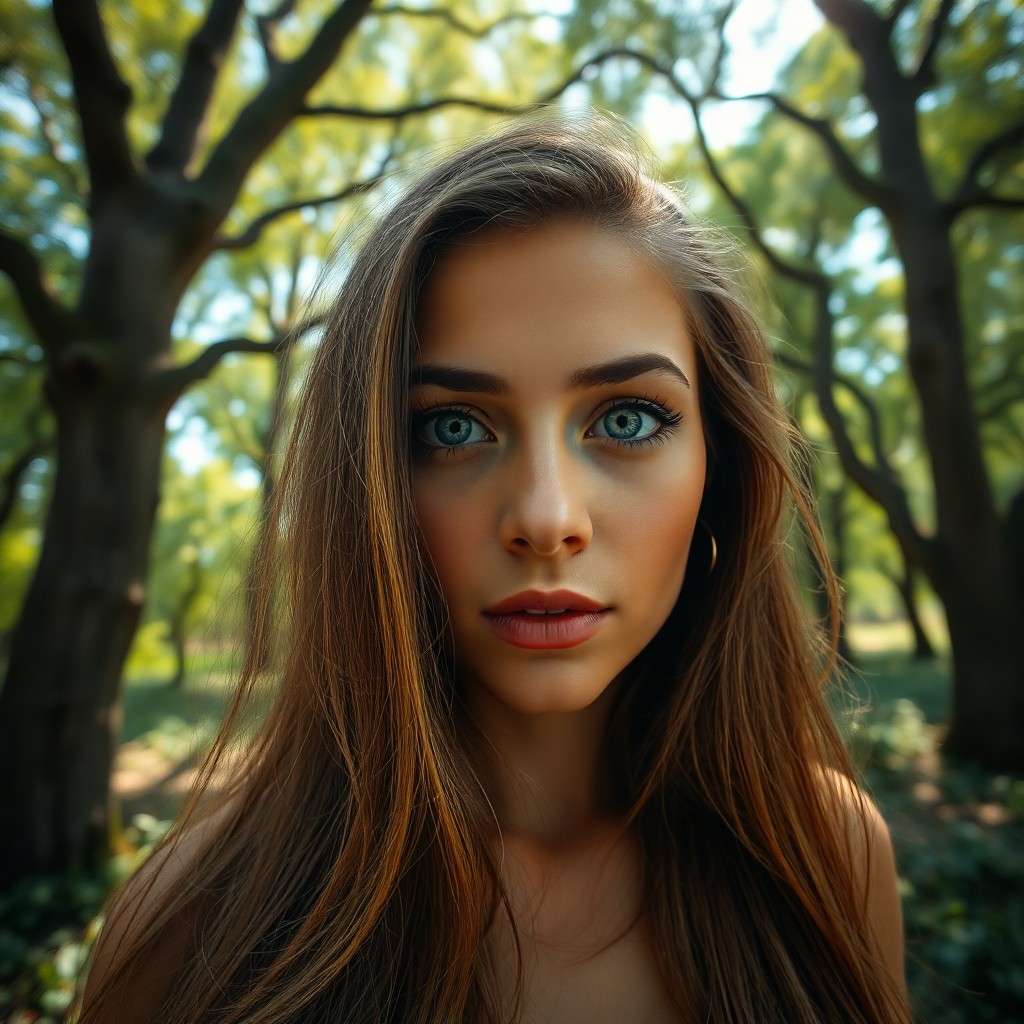 AI generated art for prompt: Craft a photorealistic portrait of a Hispanic woman with captivating blue eyes, her serene gaze fixe