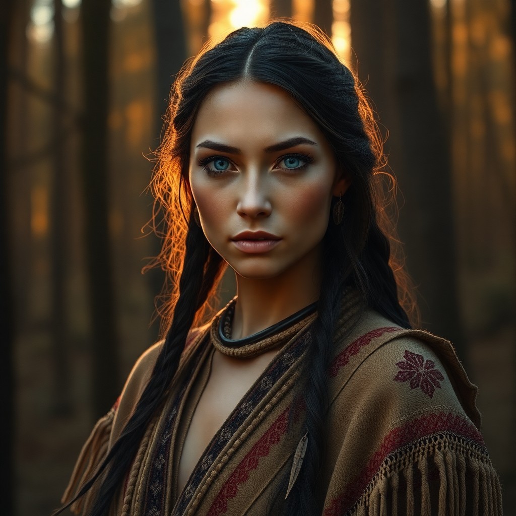 AI generated art for prompt: Envision a photorealistic portrait of an enigmatic Native American woman with piercing blue eyes, he