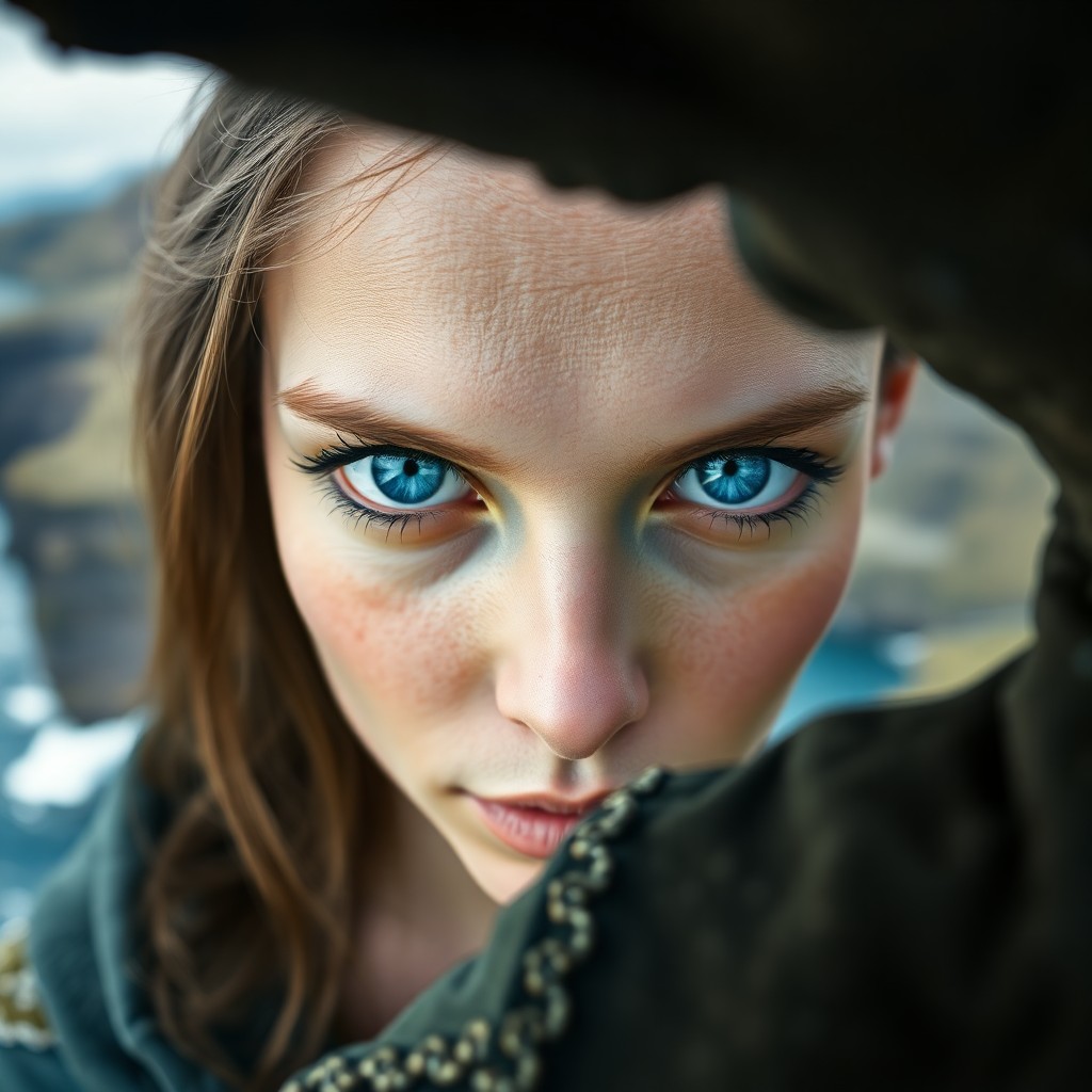 AI generated art for prompt: A photorealistic portrait photograph depicts a Slavic woman with captivating blue eyes, her enigmati