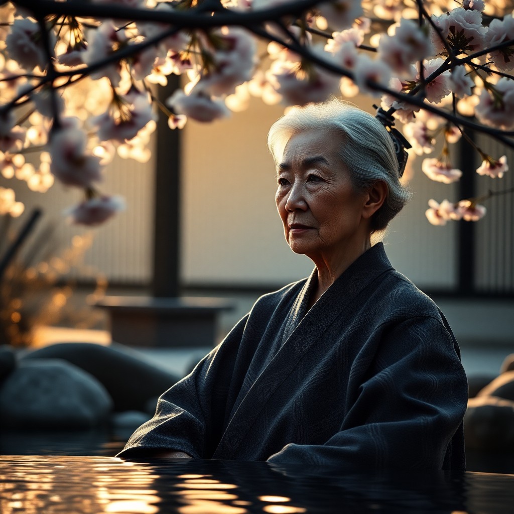 AI generated art for prompt: A smartphone portrait showcases an aged Japanese woman's serene gaze and refined features in her twi