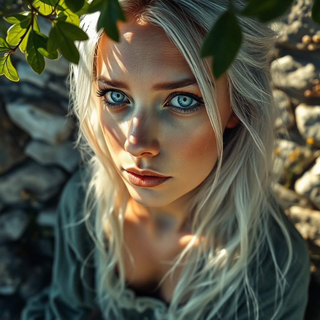 AI generated art for prompt: Craft an ultra-realistic portrait of a captivating Slavic woman with piercing blue eyes and cascadin