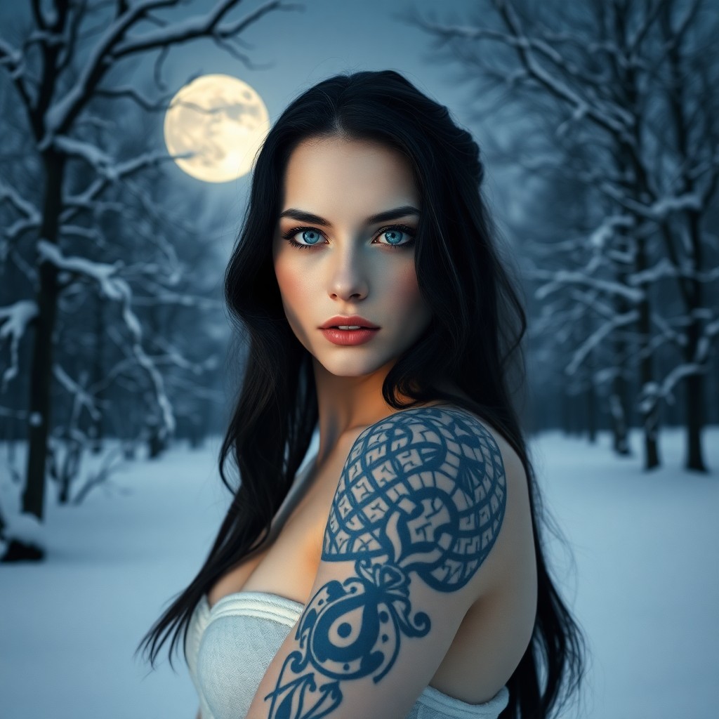 AI generated art for prompt: A Nordic woman with porcelain skin and piercing blue eyes stares enigmatically into the camera lens 