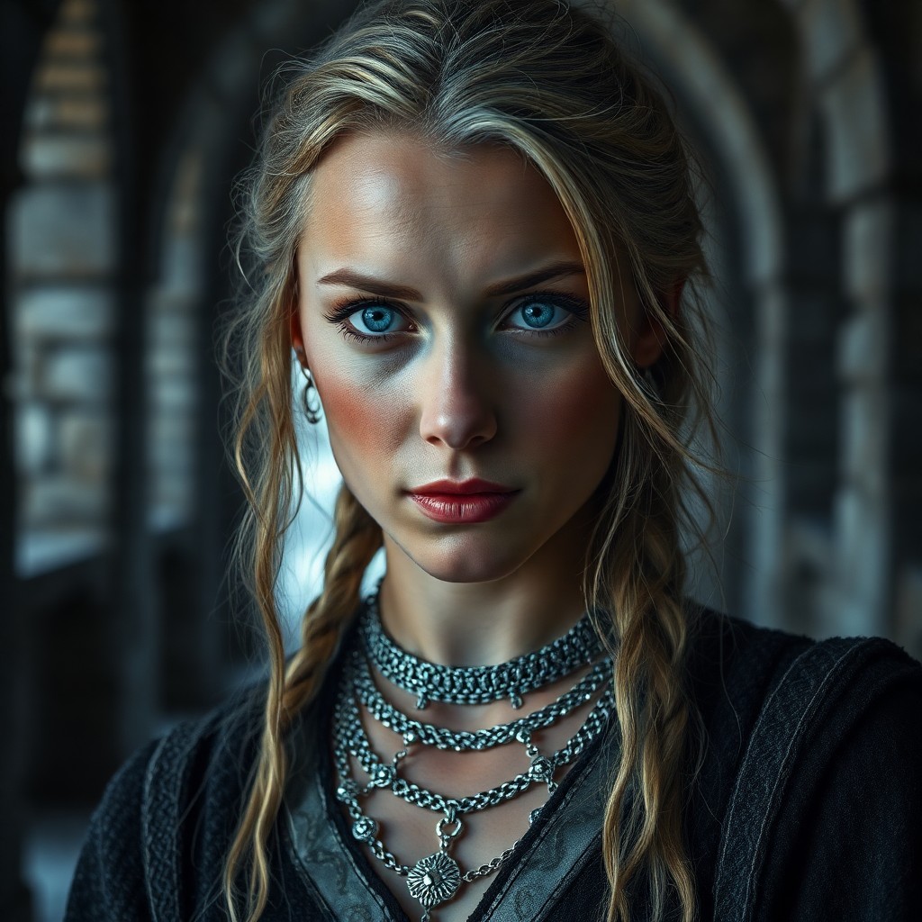 AI generated art for prompt: A photorealistic portrait photograph reveals a Nordic seer with piercing blue eyes, her enigmatic ga