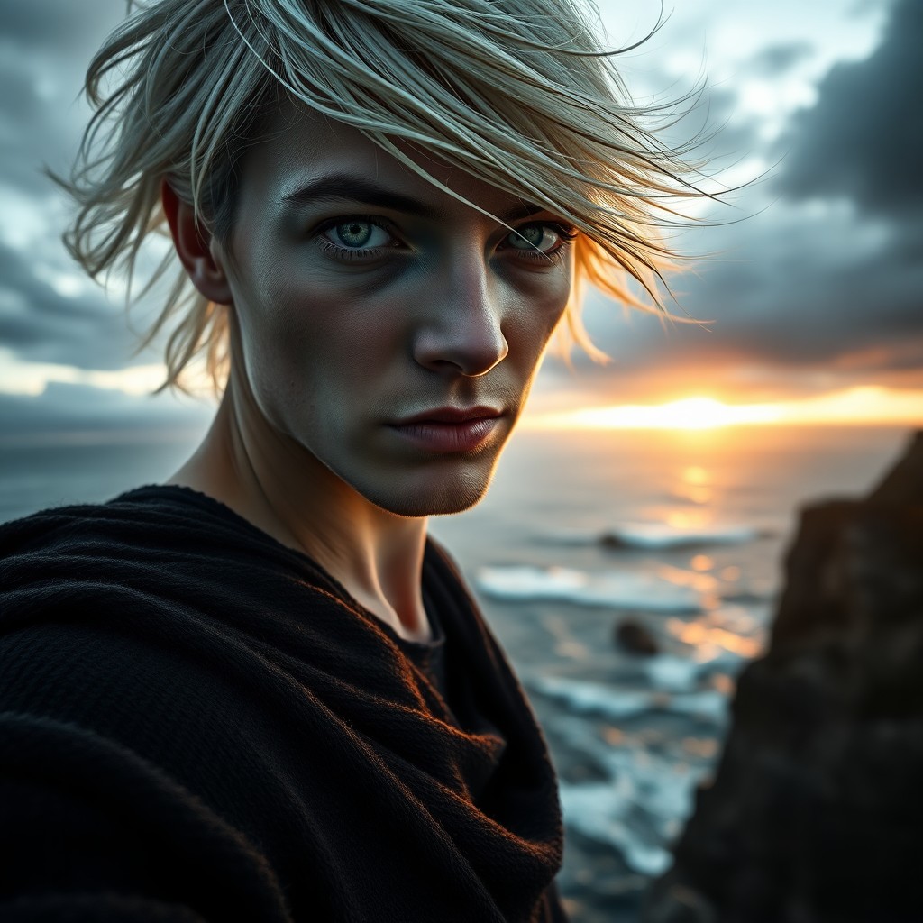 AI generated art for prompt: Visualize a hyperrealistic portrait showcasing an enigmatic Nordic figure with piercing green eyes a