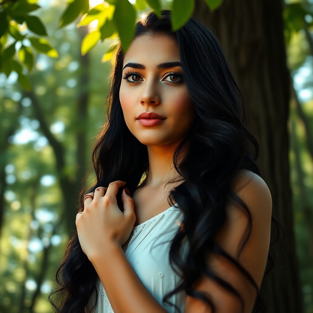 AI generated art for prompt: A captivating portrait photograph showcases a Middle Eastern woman with dark, cascading hair and por