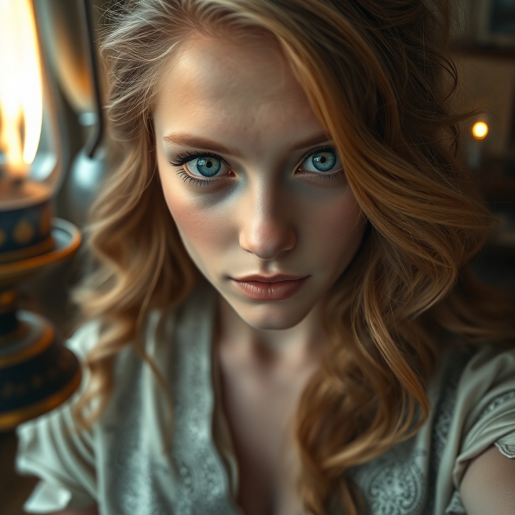 AI generated art for prompt: A captivating Nordic woman with piercing blue eyes and golden waves of hair frames her delicate feat