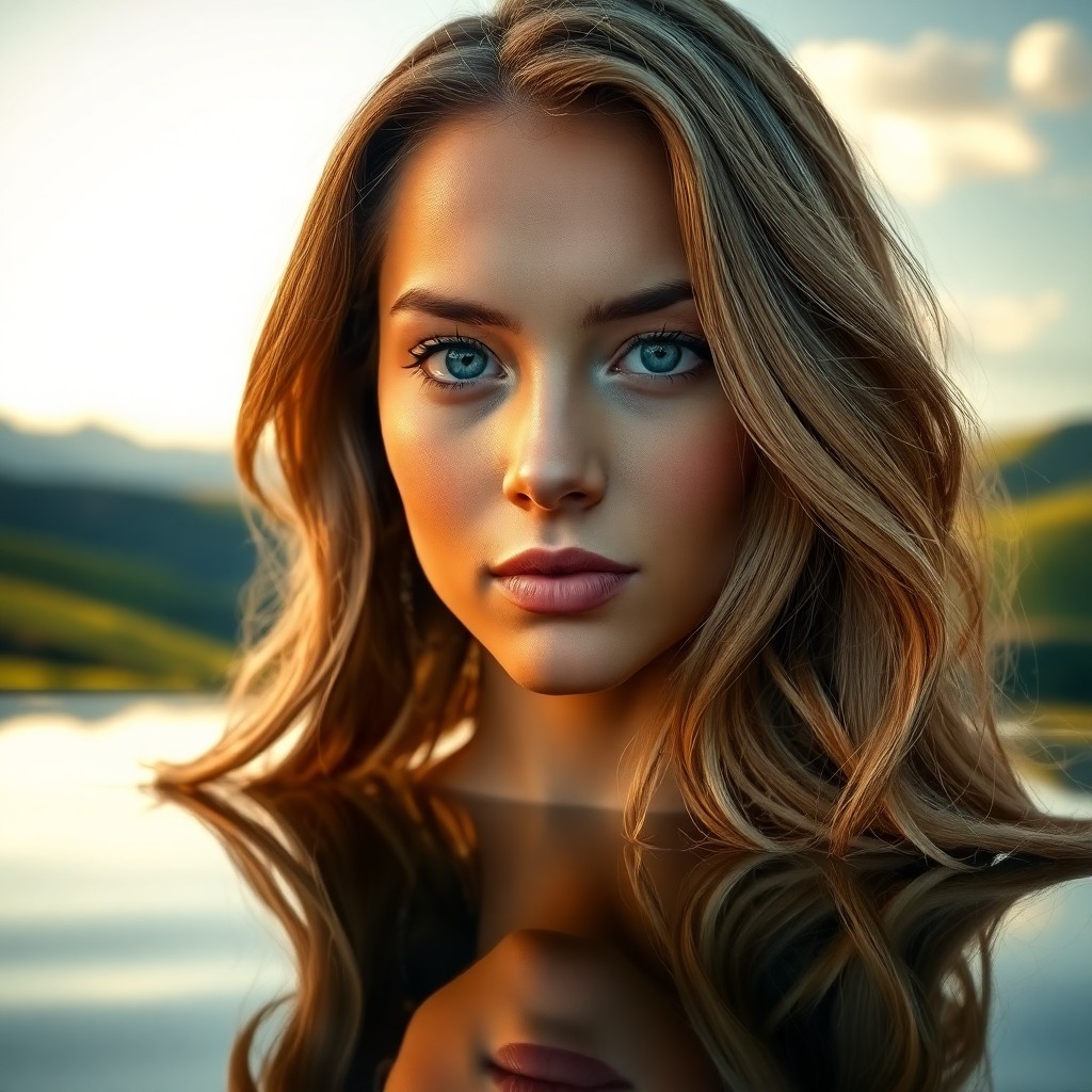 AI generated art for prompt: Imagine a serene portrait of a Hispanic woman with piercing blue eyes and delicate features, bathed 