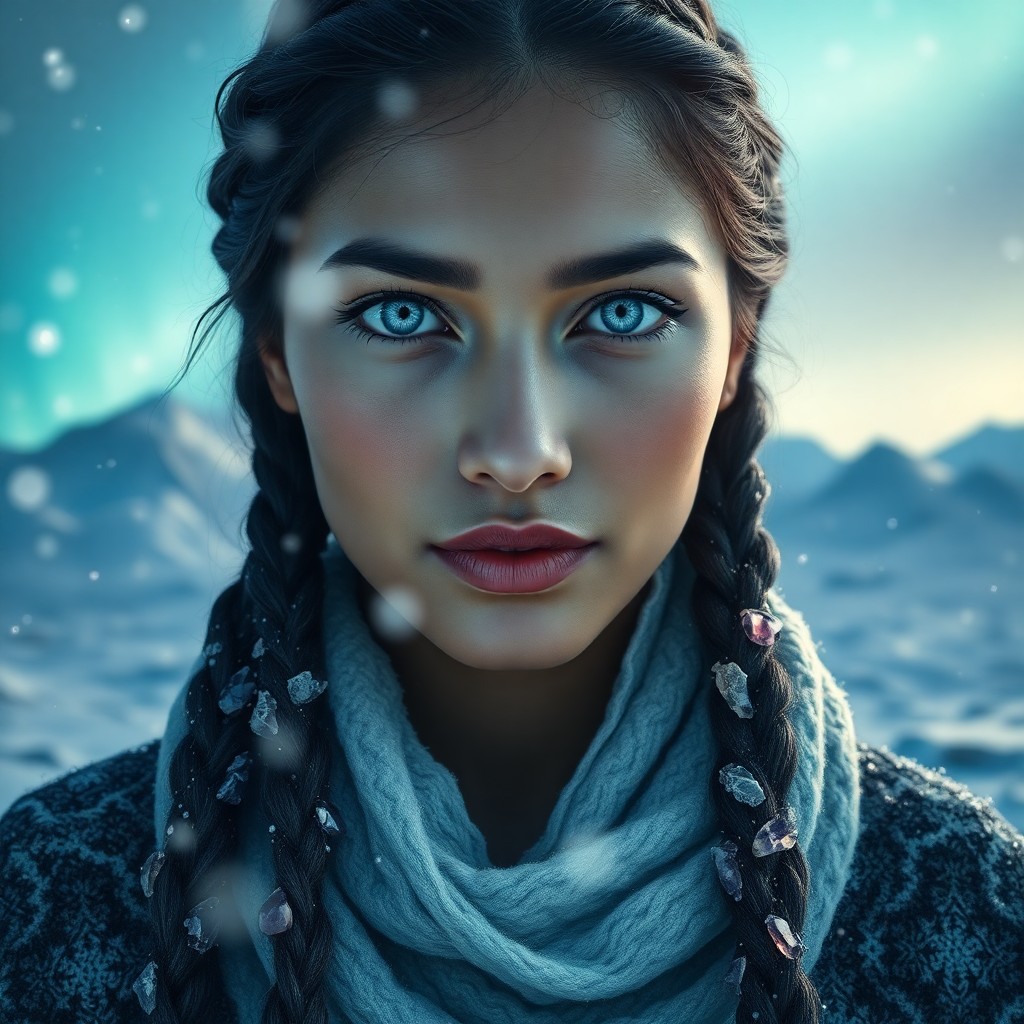 AI generated art for prompt: A photorealistic portrait showcases a South Asian woman's enigmatic gaze, her icy blue eyes and fair