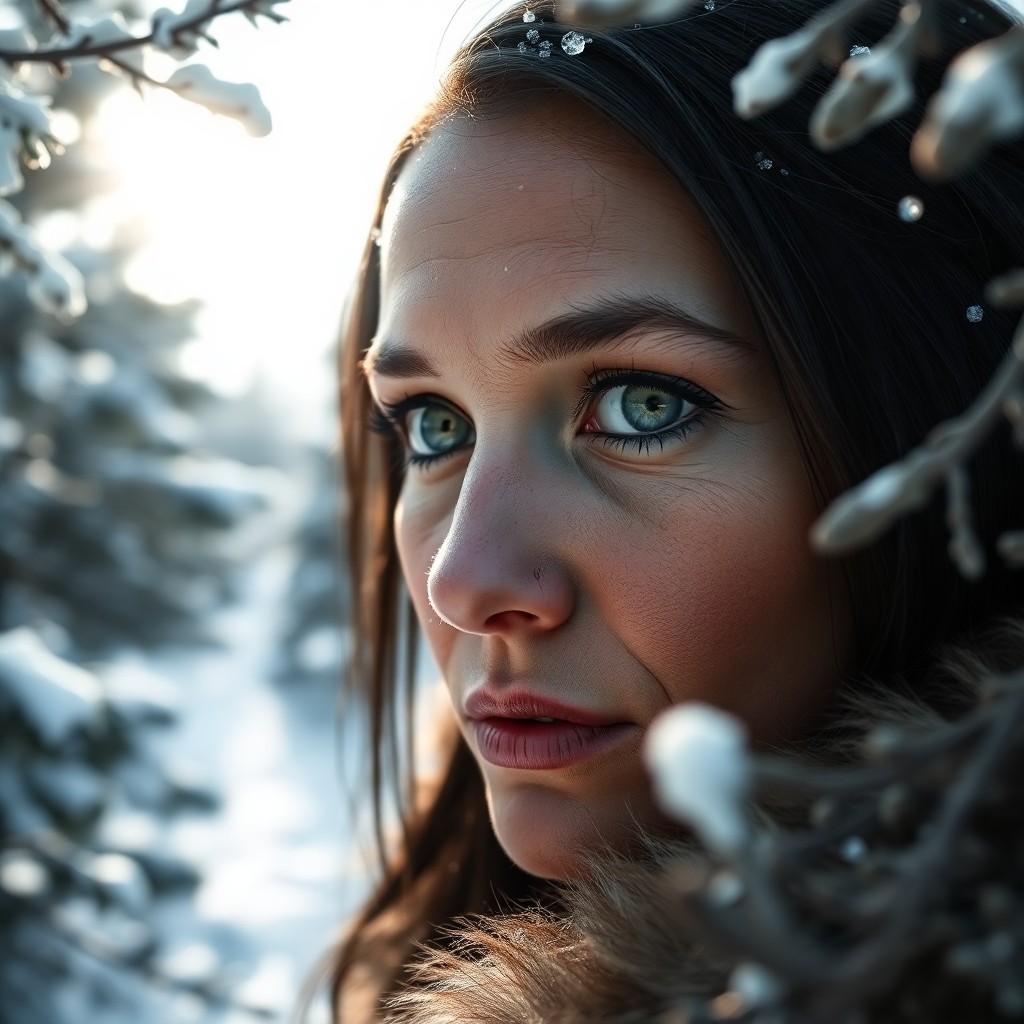AI generated art for prompt: A mirrorless camera captures an introspective Native American woman's piercing green eyes and delica