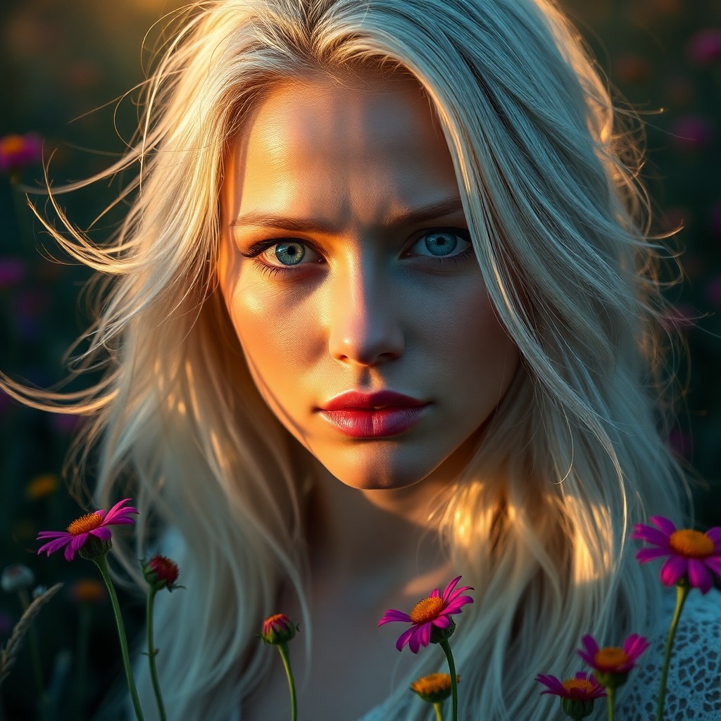 AI generated art for prompt: In a hyperrealistic portrait, a Slavic woman with icy blue eyes and platinum hair, illuminated by mi