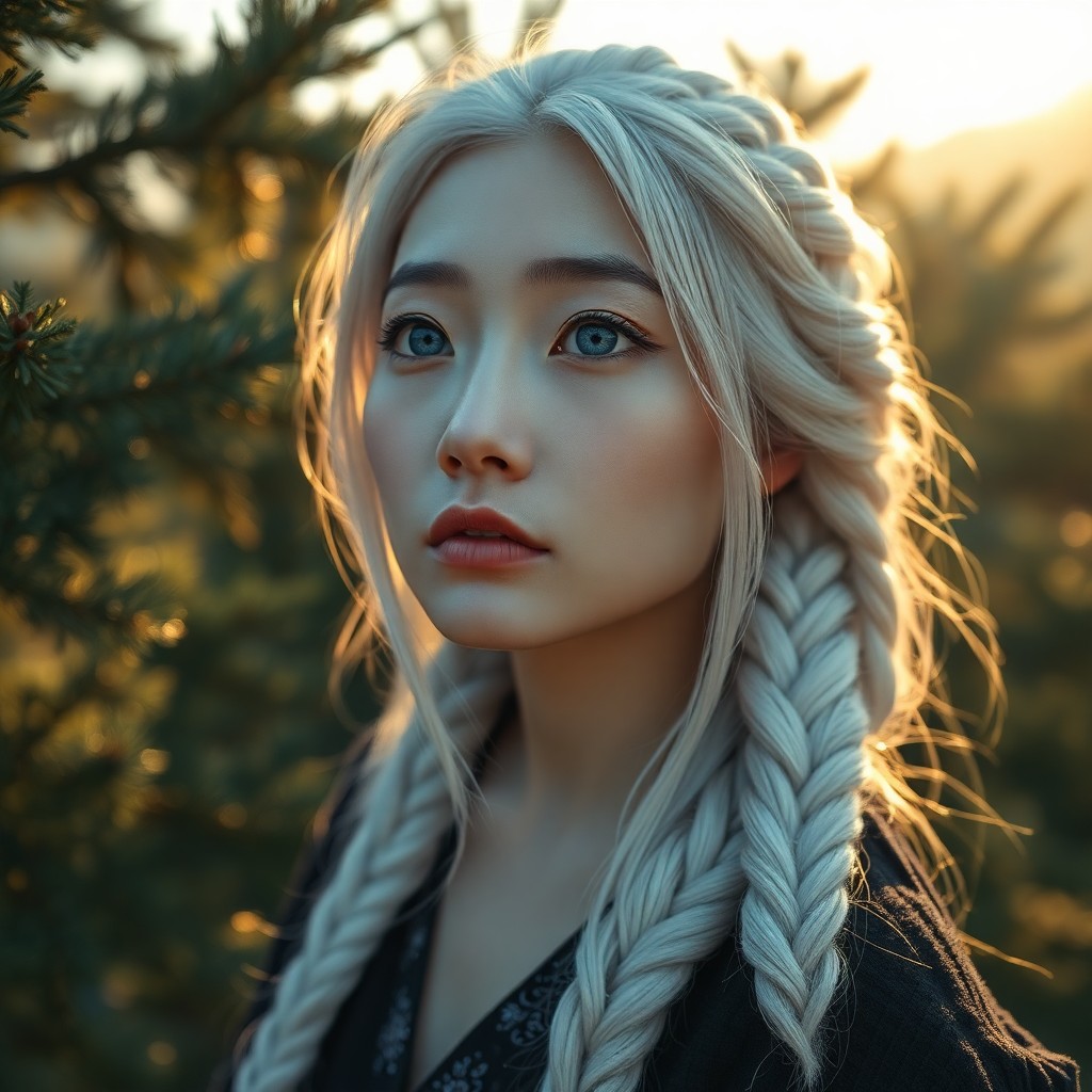 AI generated art for prompt: A photorealistic portrait showcases an East Asian woman with enigmatic ice-blue eyes and waist-lengt