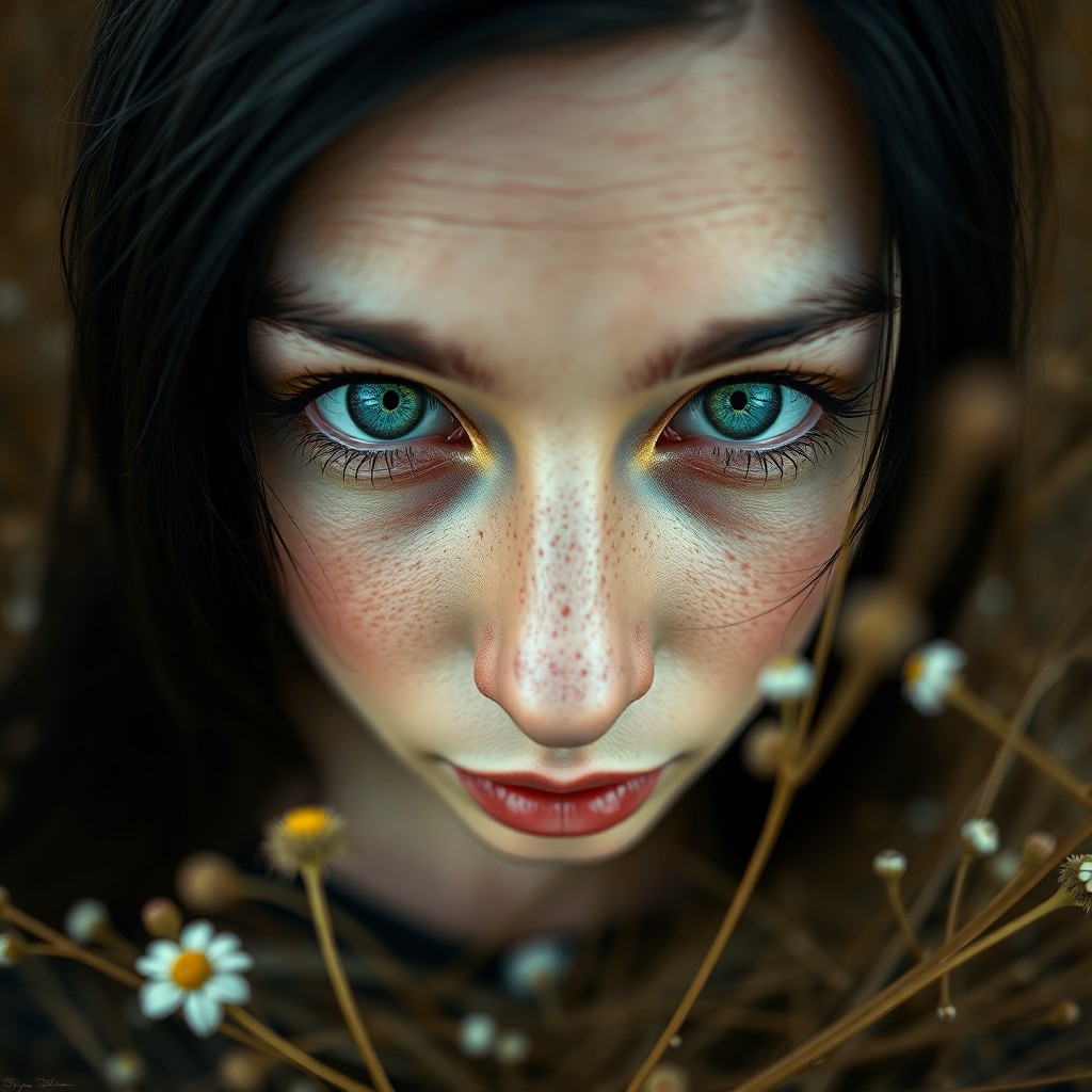 AI generated art for prompt: A photorealistic portrait depicts an enigmatic Eastern European woman with captivating emerald eyes 