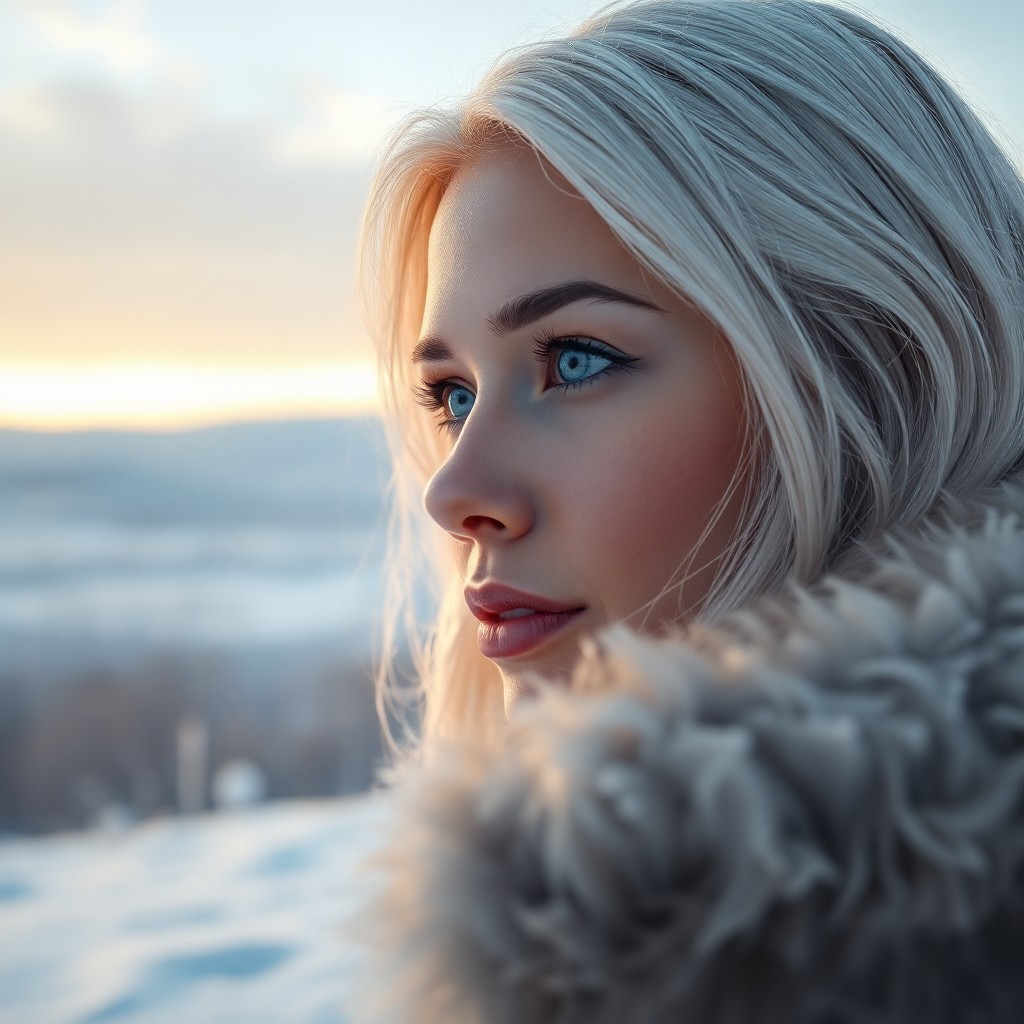 AI generated art for prompt: Craft a photorealistic portrait of a serene Hispanic woman with silvery-blue eyes and platinum blond