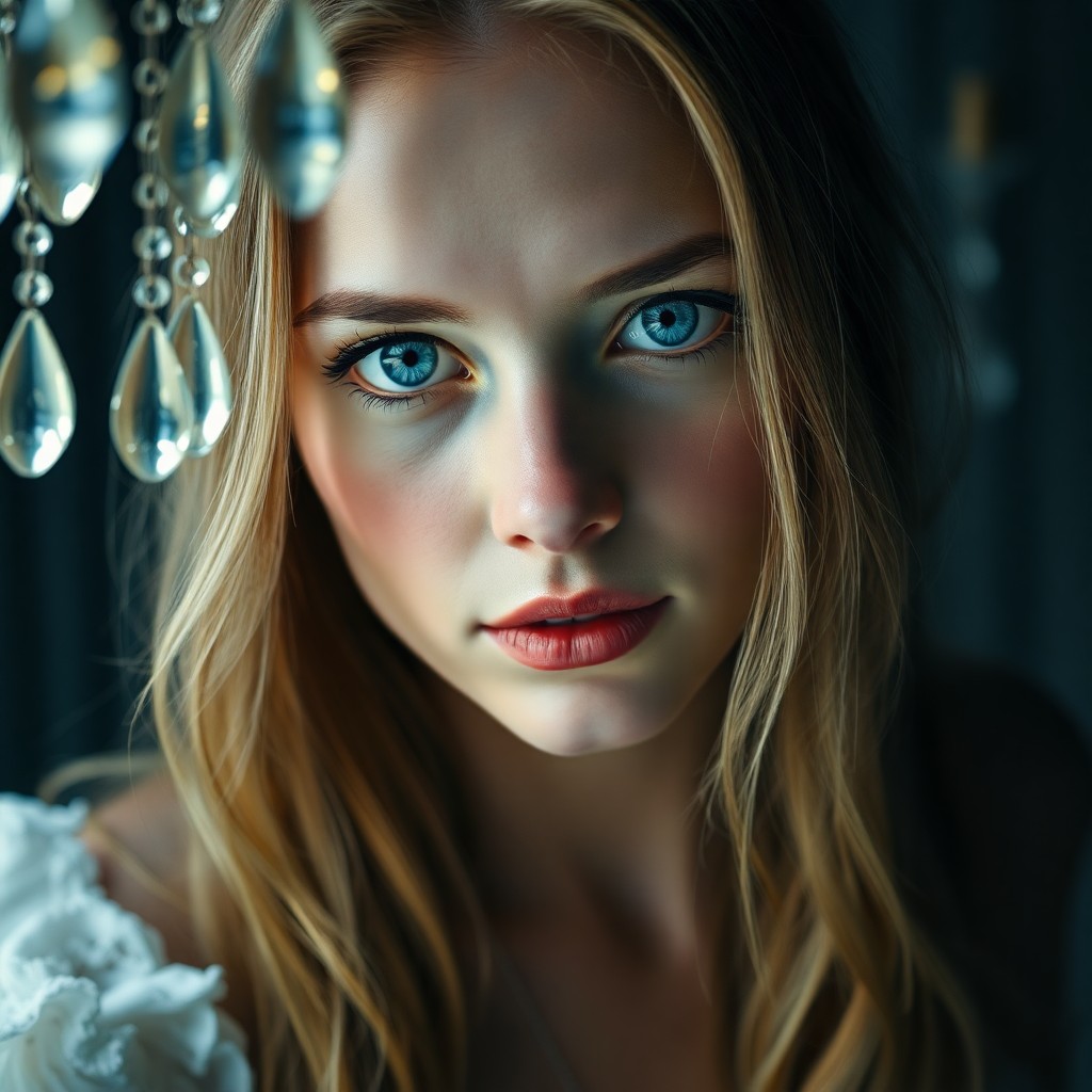 AI generated art for prompt: The enigmatic allure of a Slavic woman with piercing icy-blue eyes and cascading golden locks is cap