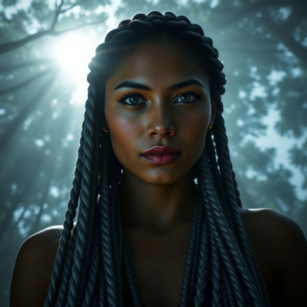 AI generated art for prompt: In a photorealistic portrait, an enigmatic Pacific Islander woman with captivating green eyes and se