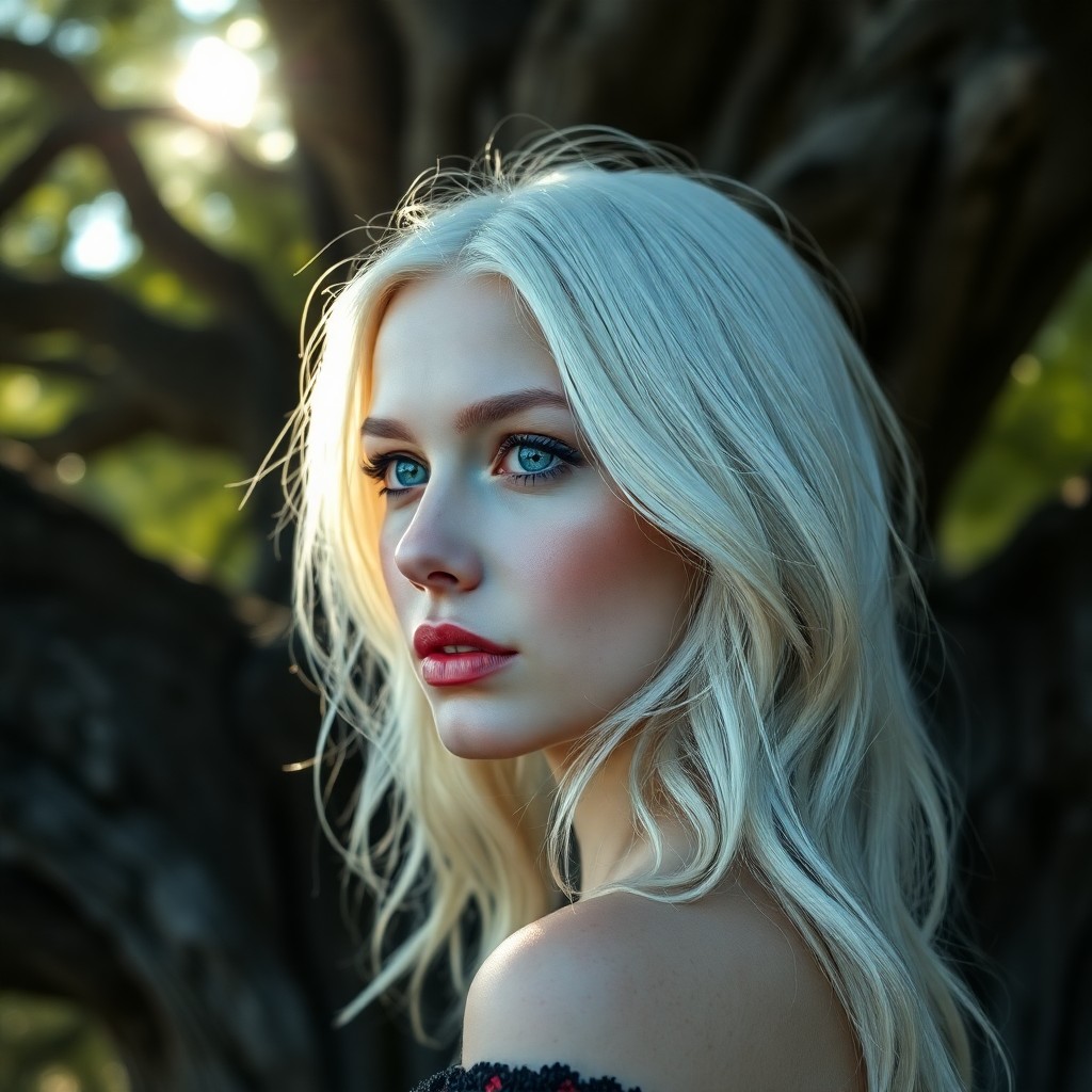 AI generated art for prompt: A portrait photograph showcases an enigmatic Native American woman with mesmerizing ice-blue eyes an