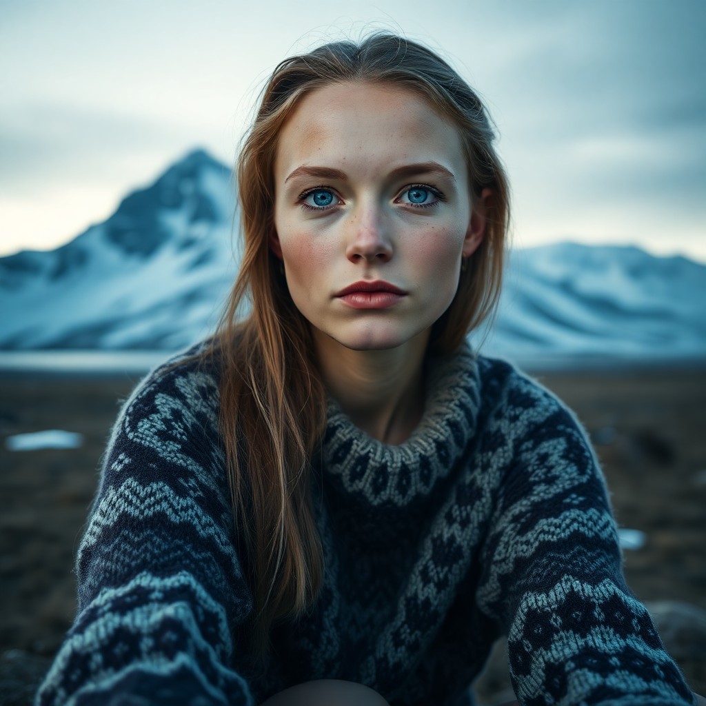 AI generated art for prompt: A photorealistic portrait of a Nordic woman in her late twenties captured from an unconventional low