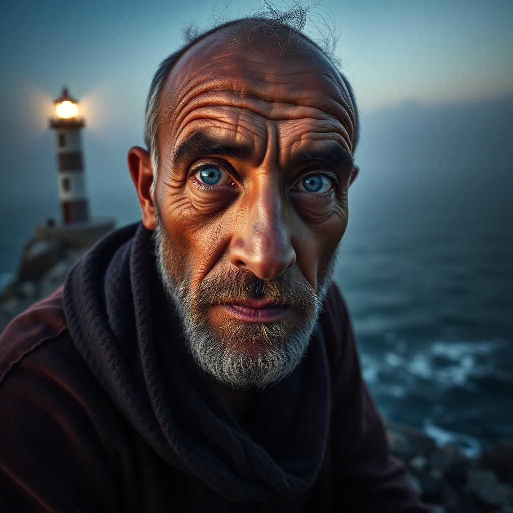 AI generated art for prompt: A photorealistic portrait photograph captures a Middle Eastern fisherman's stoic gaze, his piercing 