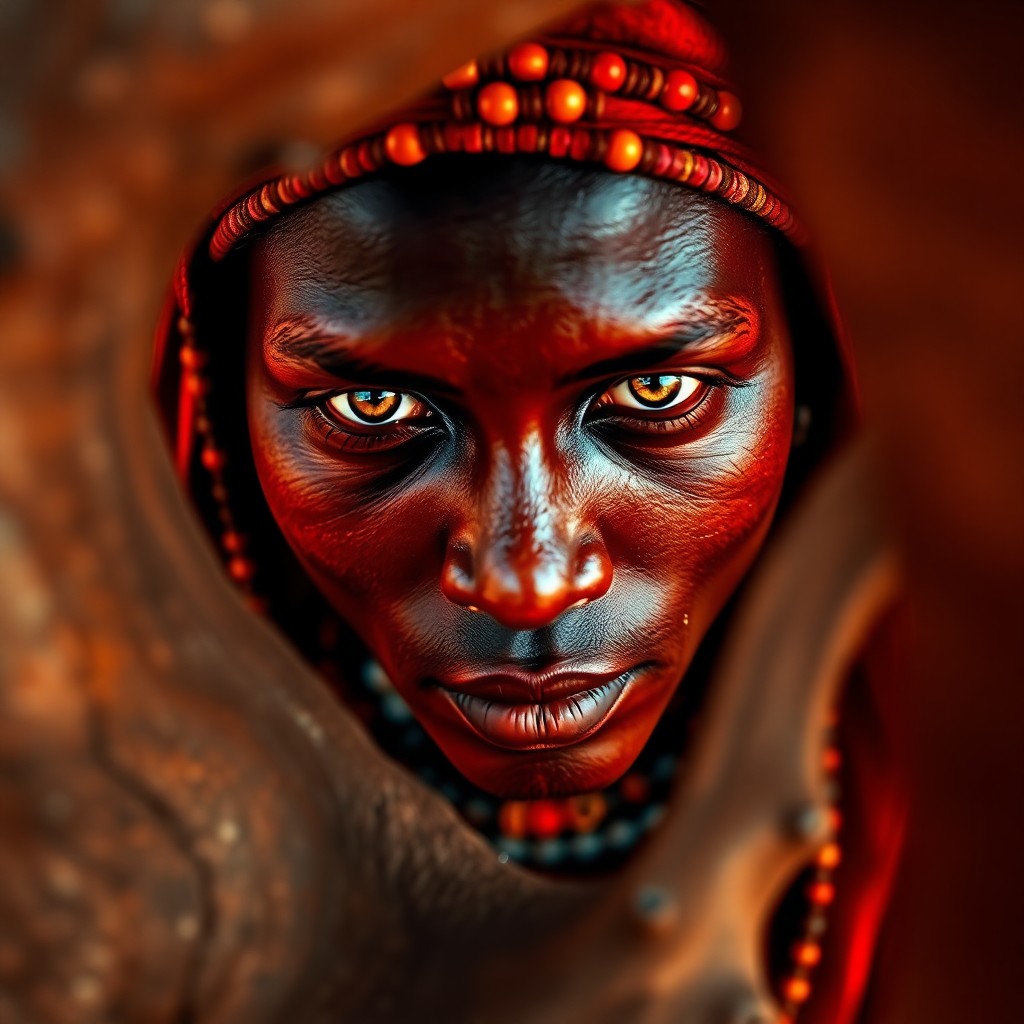 AI generated art for prompt: Imagine a portrait photograph capturing the captivating gaze of an African shaman, their warm honey-