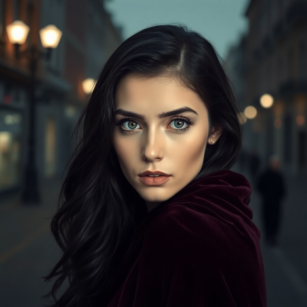 AI generated art for prompt: A portrait photograph showcases an enigmatic Eastern European woman with captivating violet eyes and