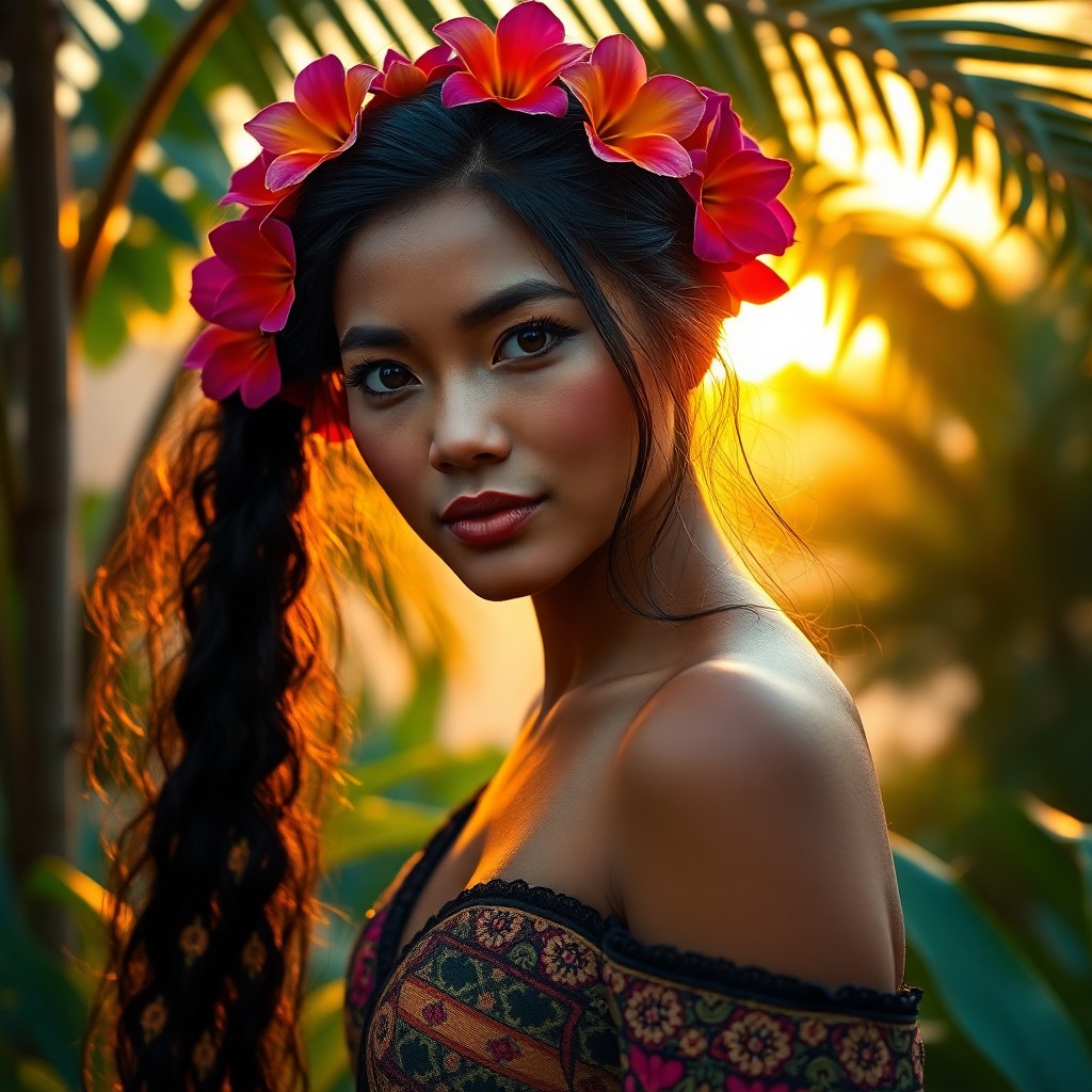 AI generated art for prompt: Craft a photorealistic portrait of an enchanting Pacific Islander woman with warm brown skin, almond