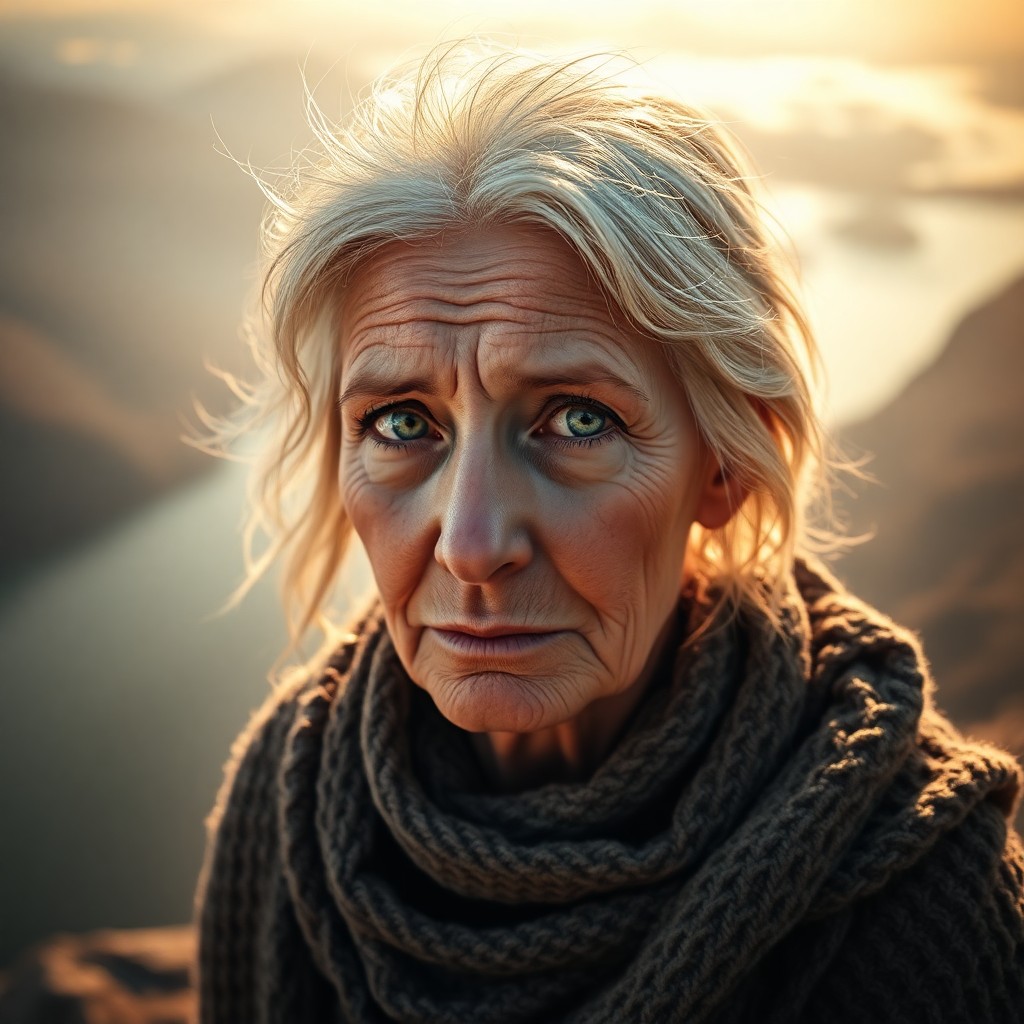 AI generated art for prompt: Envision a photorealistic portrait of an aged European woman with piercing green eyes and wind-tousl