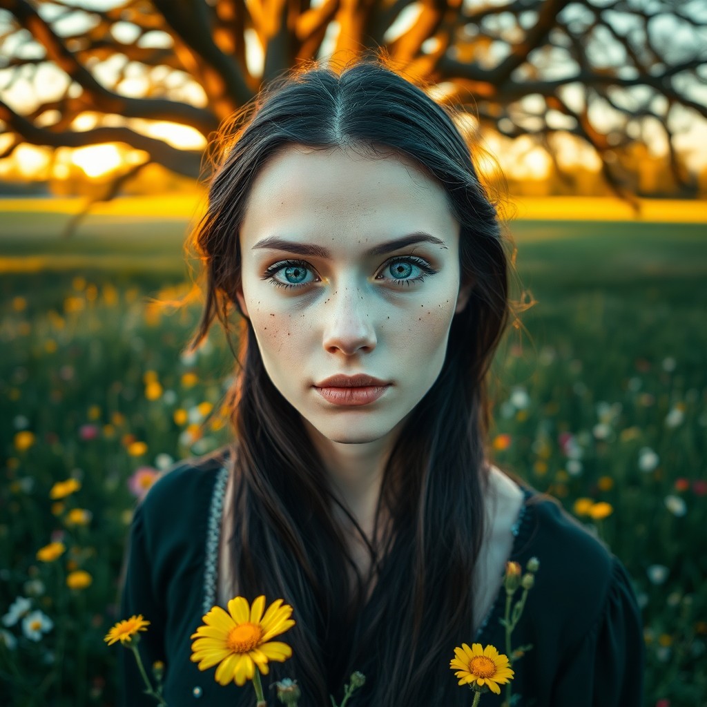 AI generated art for prompt: Craft a photorealistic portrait of a young Slavic woman with piercing blue eyes and delicate freckle