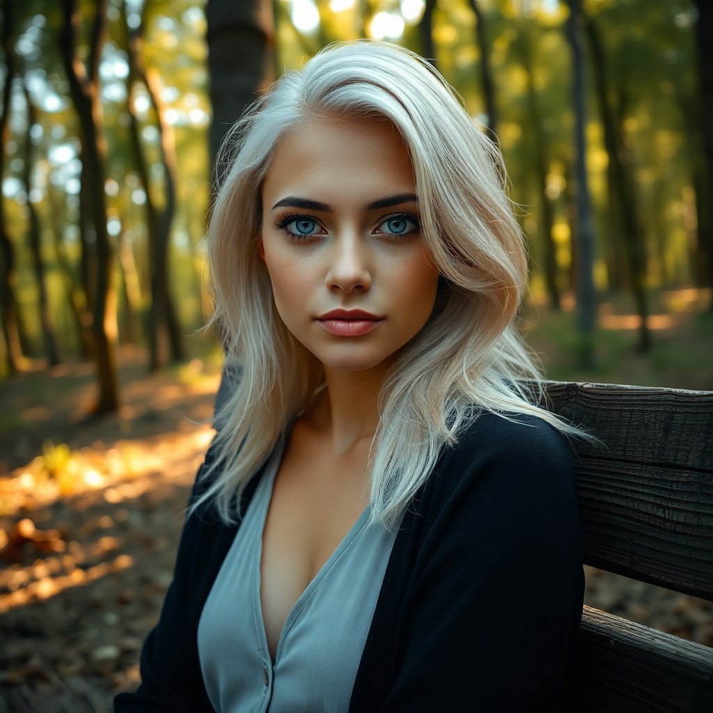 AI generated art for prompt: A serene South Asian woman with striking blue eyes and lustrous platinum blonde hair is captured in 