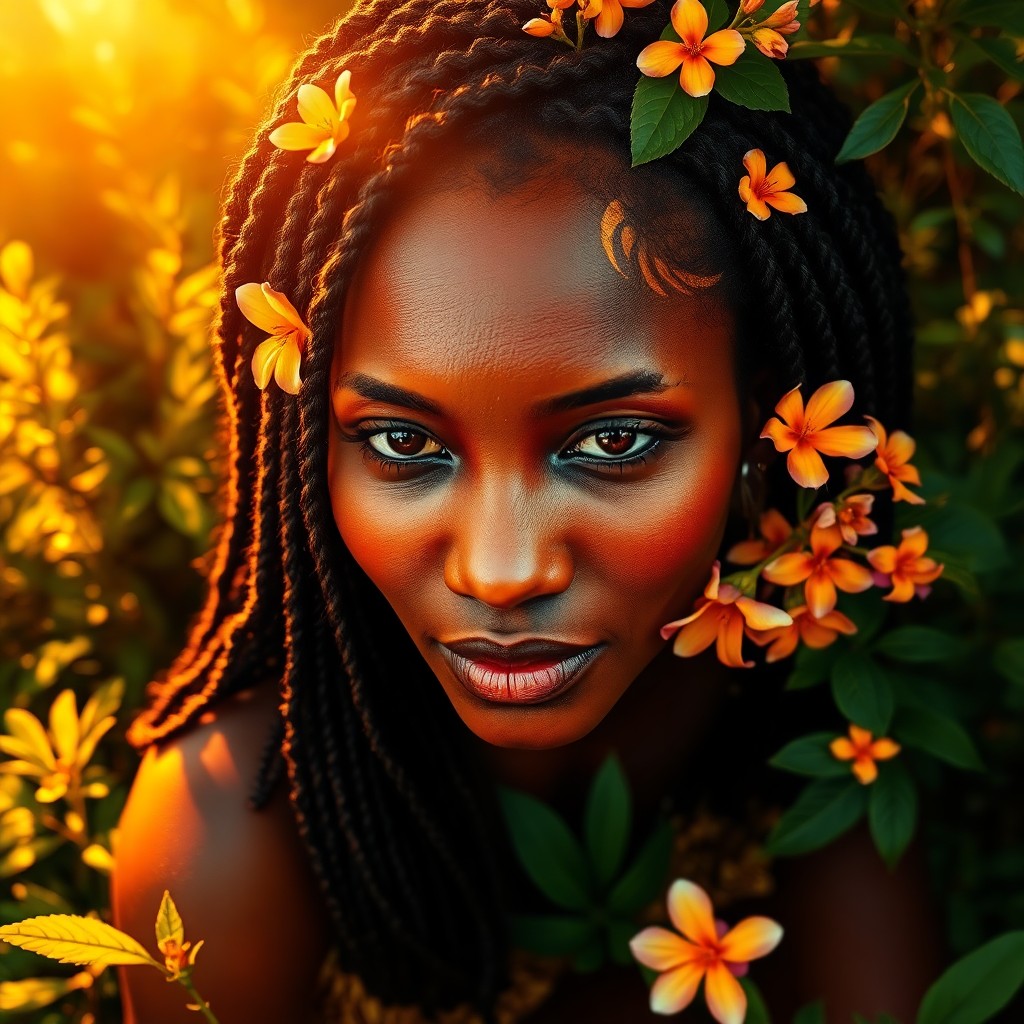 AI generated art for prompt: Envision an ultrarealistic portrait of a serene African woman with sun-kissed skin adorned by intric