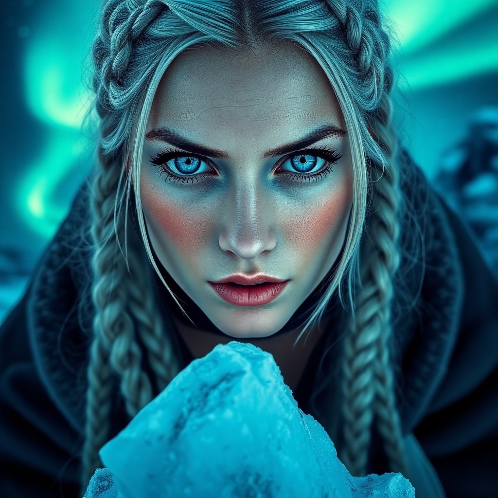 AI generated art for prompt: Envision a strikingly superrealistic portrait of a Nordic woman with captivating ice-blue eyes, refl