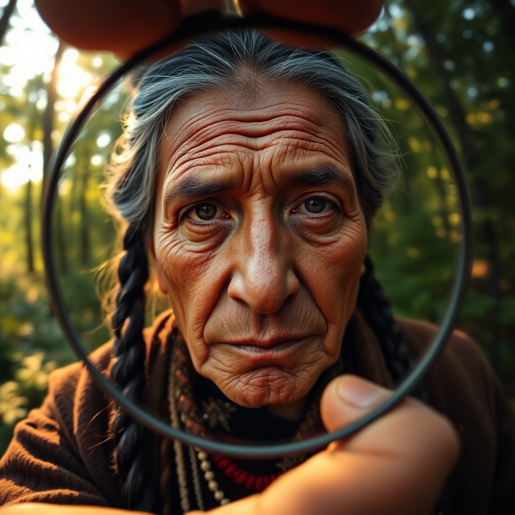 AI generated art for prompt: A hyperrealistic portrait showcases a Native American elder with piercing brown eyes and graying hai