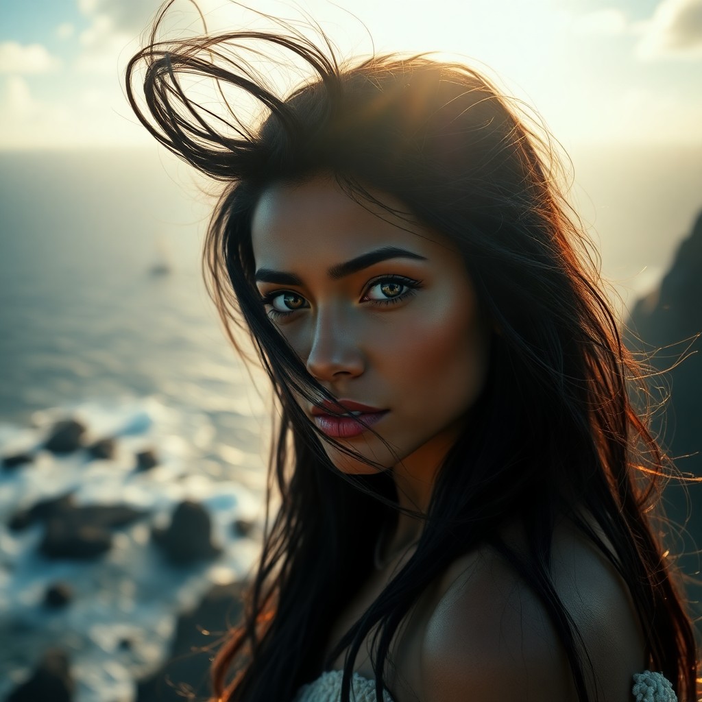 AI generated art for prompt: Depict a super-realistic portrait of an enchanting Pacific Islander woman with piercing blue eyes an