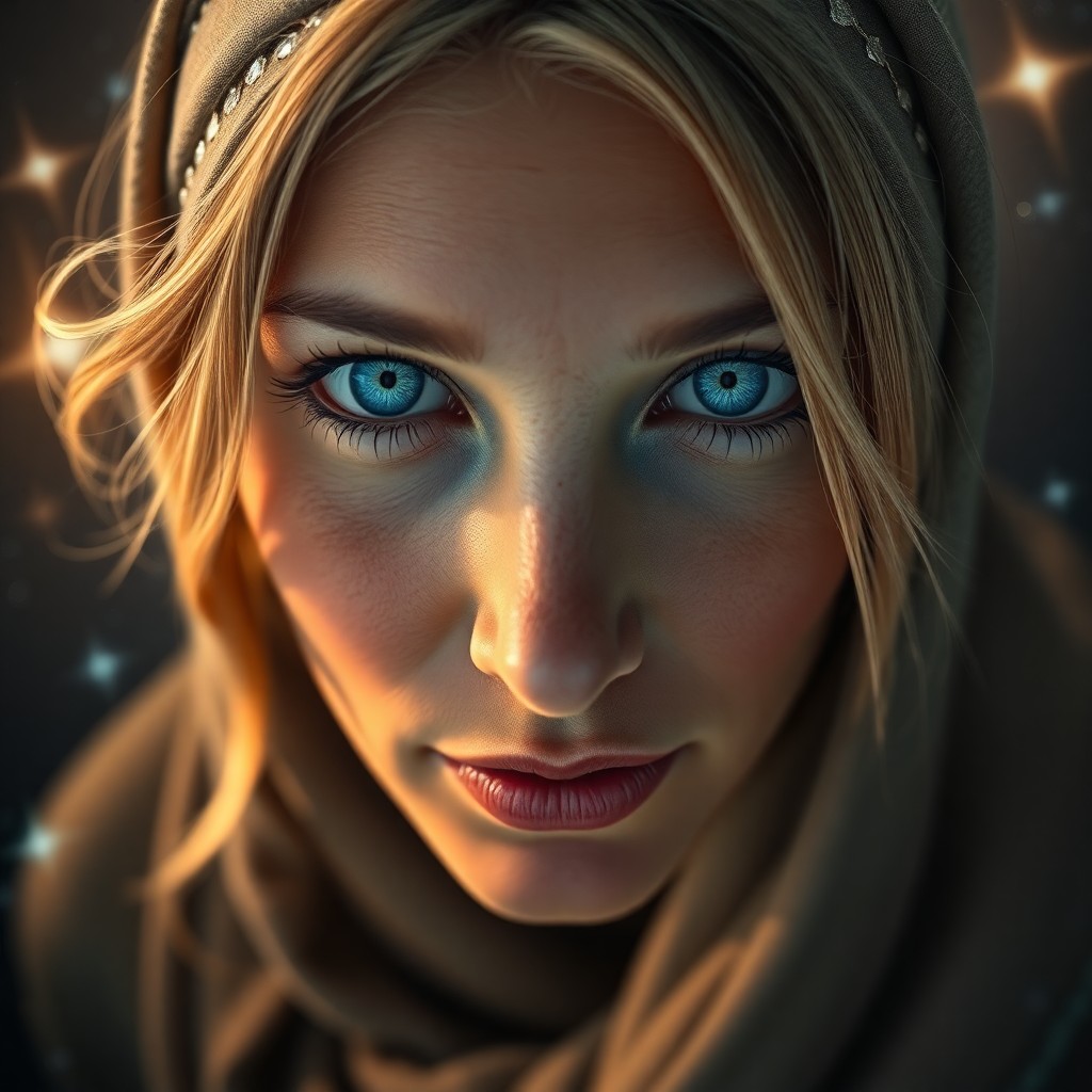 AI generated art for prompt: Craft a photorealistic portrait of an esteemed Middle Eastern woman with mesmerizing blue eyes and g