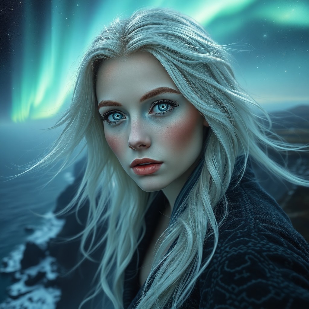 AI generated art for prompt: Envision a captivating photorealistic portrait of a Nordic woman with enchanting ice-blue eyes and c