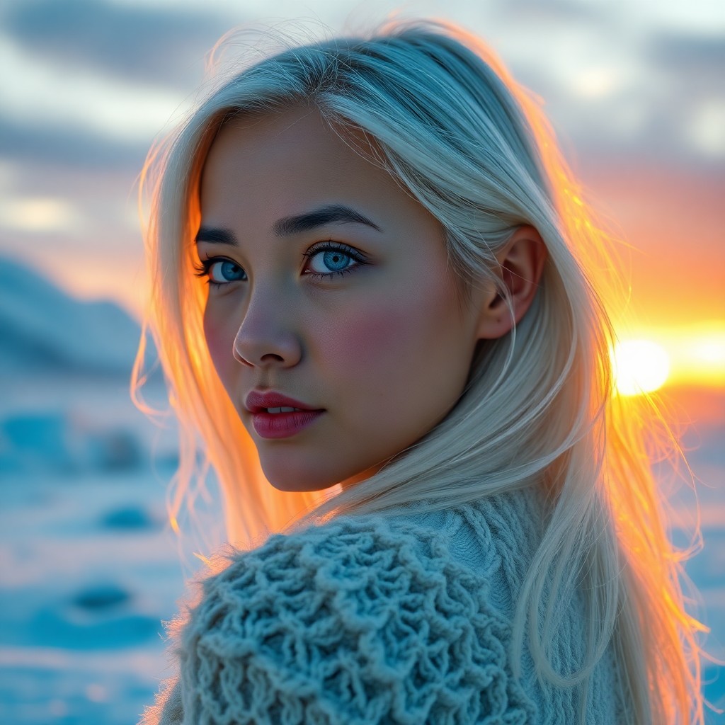 AI generated art for prompt: A photorealistic portrait of a Pacific Islander woman with icy blue eyes and platinum blonde hair ca