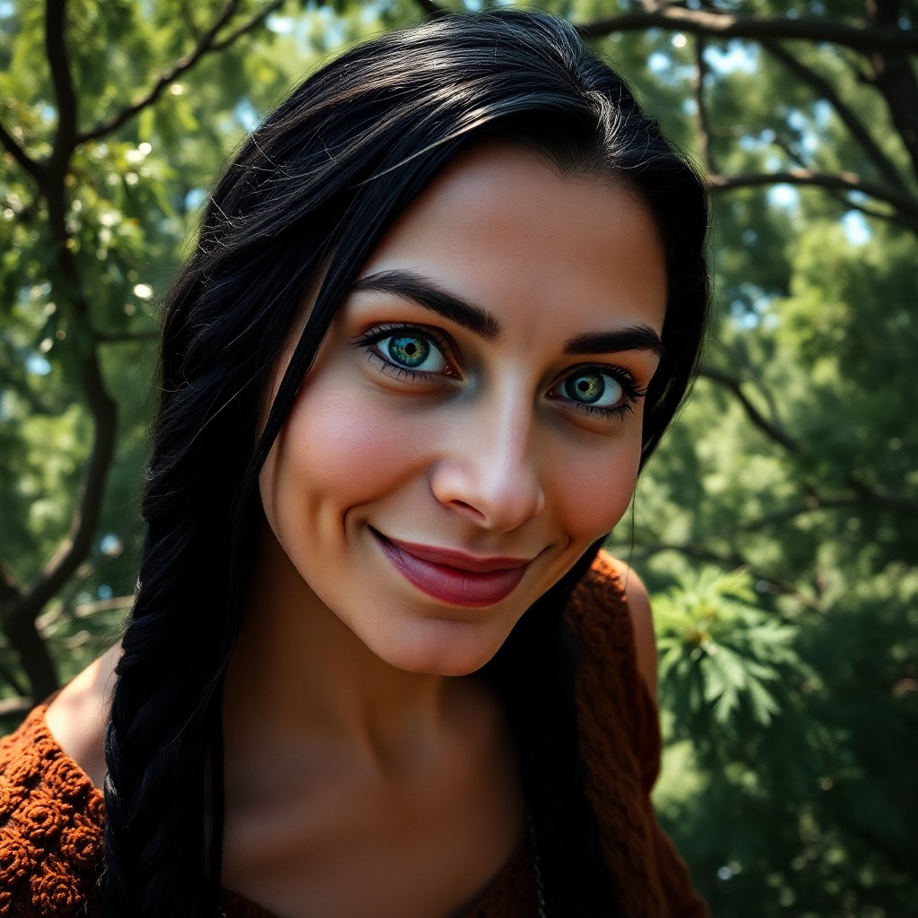 AI generated art for prompt: A photorealistic portrait photograph captures an enigmatic Middle Eastern woman in her early 40s, wi