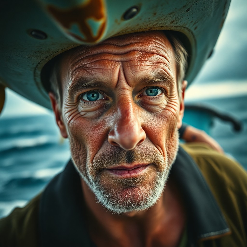 AI generated art for prompt: Envision a film camera portrait of a European fisherman with piercing green eyes and rugged features