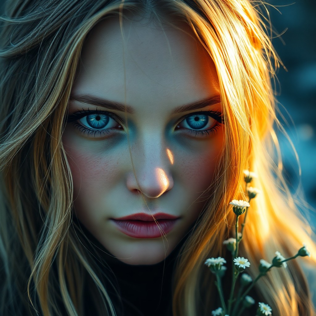 AI generated art for prompt: Envision a hyperrealistic portrait of an enigmatic Nordic woman with mesmerizing ice-blue eyes, her 