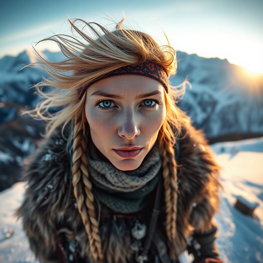 AI generated art for prompt: Craft a photorealistic portrait of a Native American woman with striking blue eyes and wind-tossed b