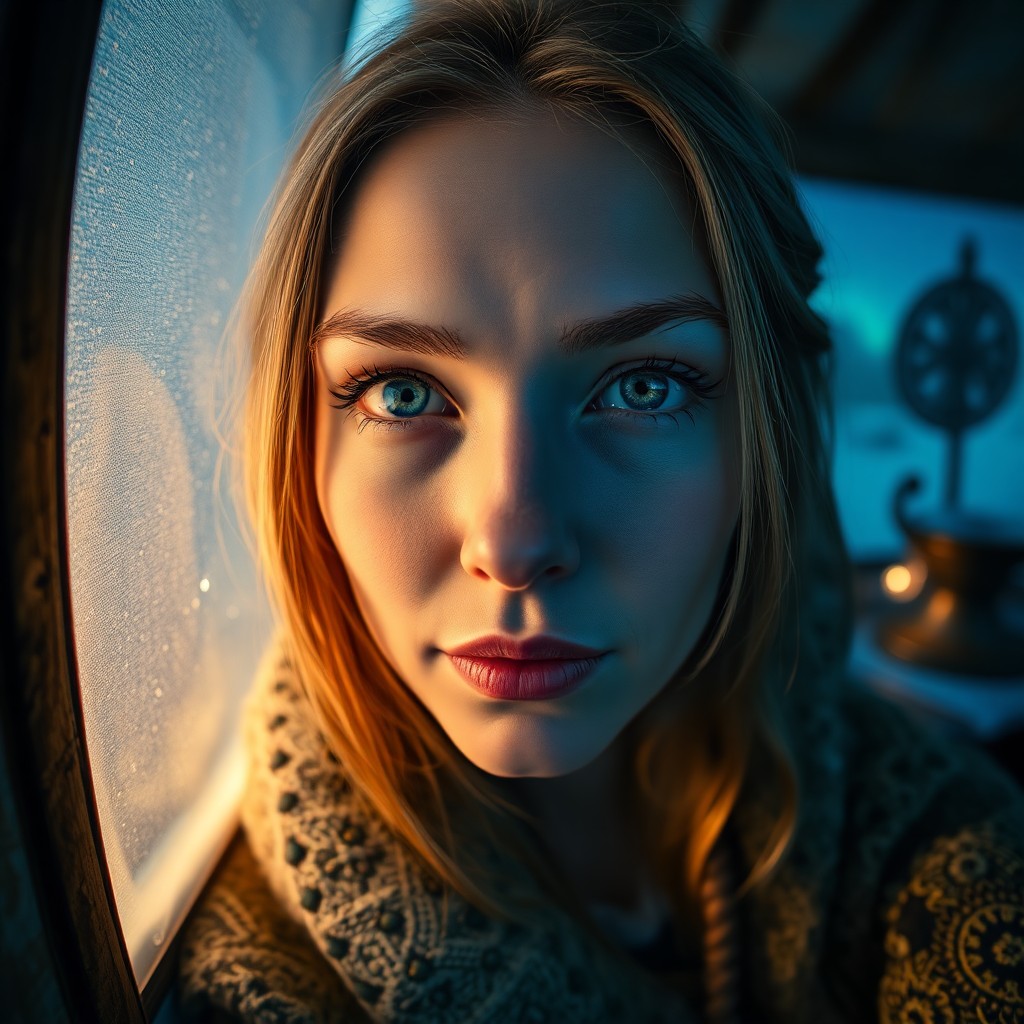 AI generated art for prompt: An iPhone portrait depicts a Slavic woman's enigmatic allure, her piercing ice-blue eyes and flawles