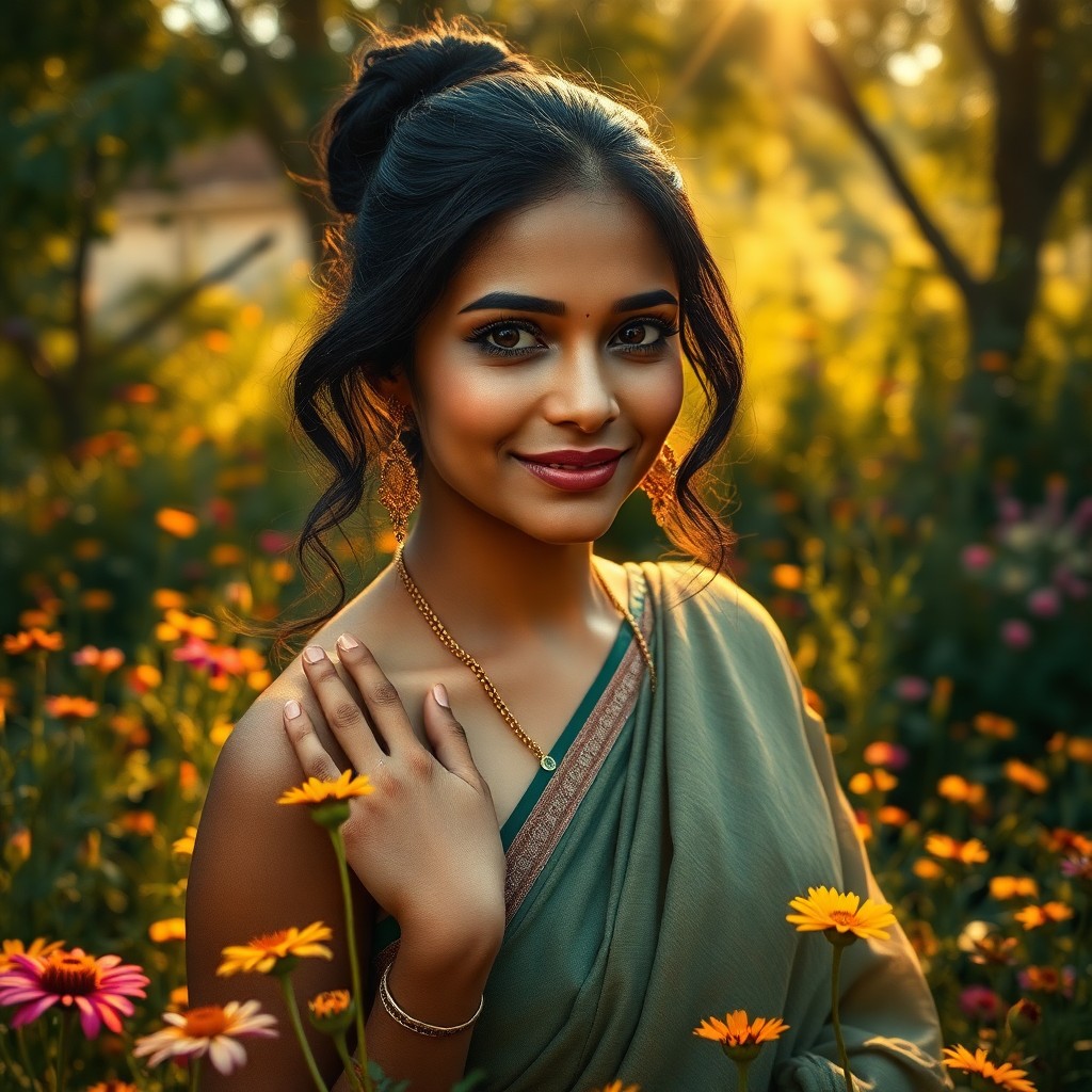 AI generated art for prompt: Craft a hyperrealistic portrait of an enigmatic South Asian woman in her forties with captivating da