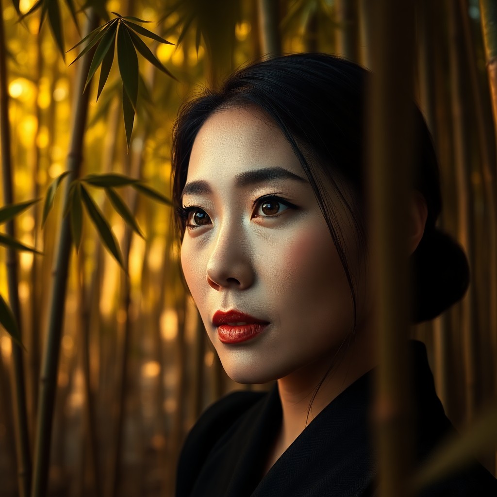 AI generated art for prompt: Envision a photorealistic portrait of an enigmatic 45-year-old East Asian woman, her captivating amb