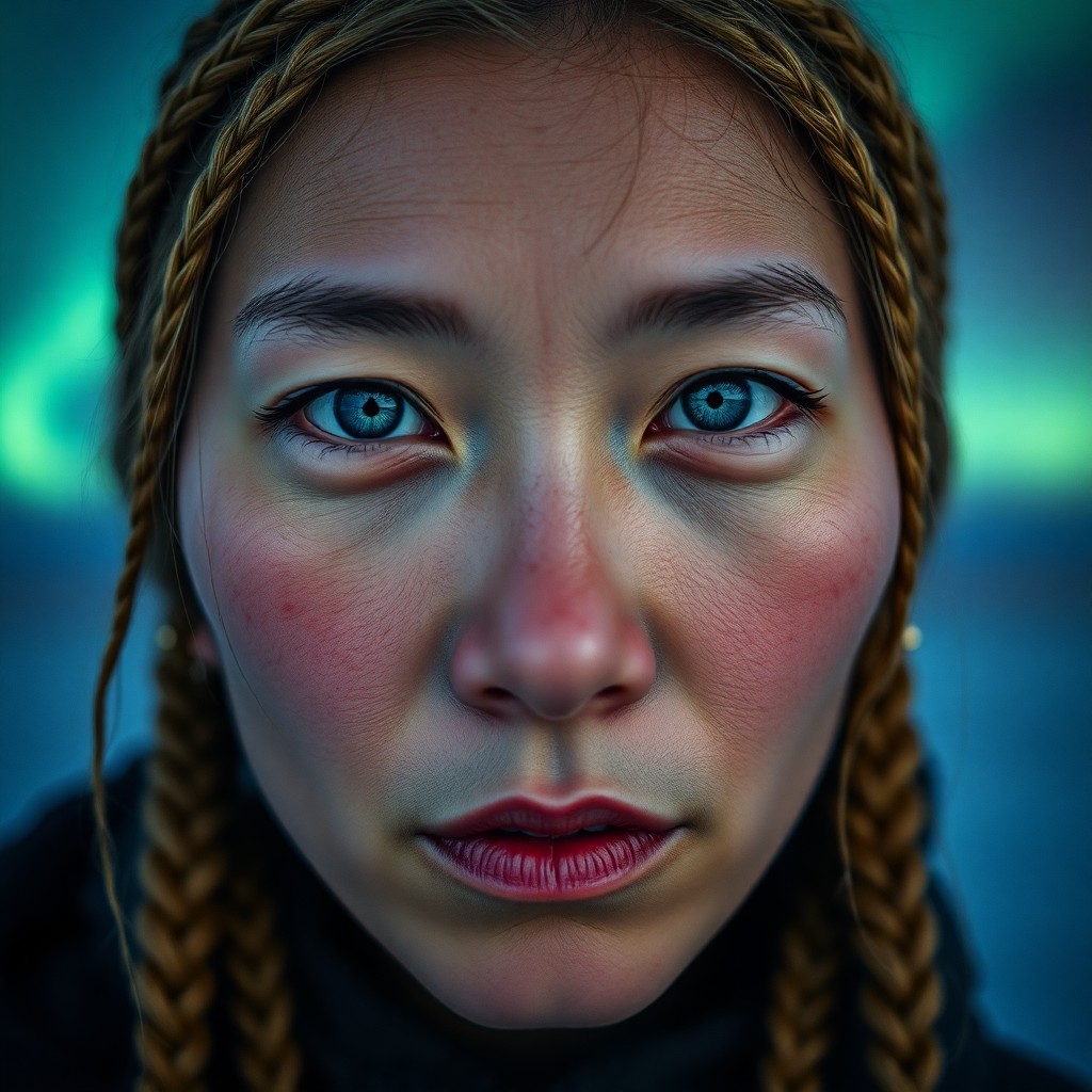 AI generated art for prompt: A portrait photograph captures an East Asian woman's piercing blue eyes and intricate golden braids 