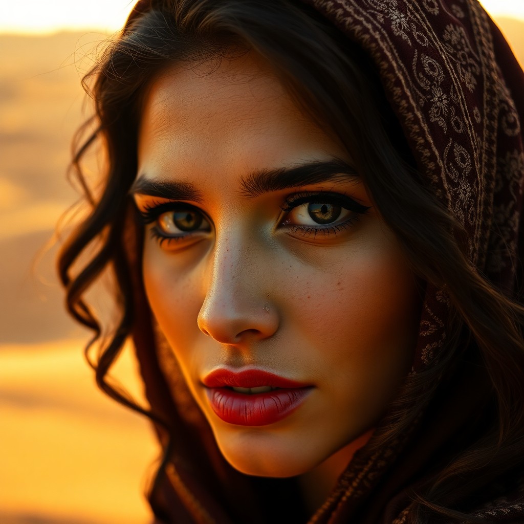 AI generated art for prompt: Envision a captivating portrait, shot with a film camera, of a Middle Eastern woman's alluring gaze.